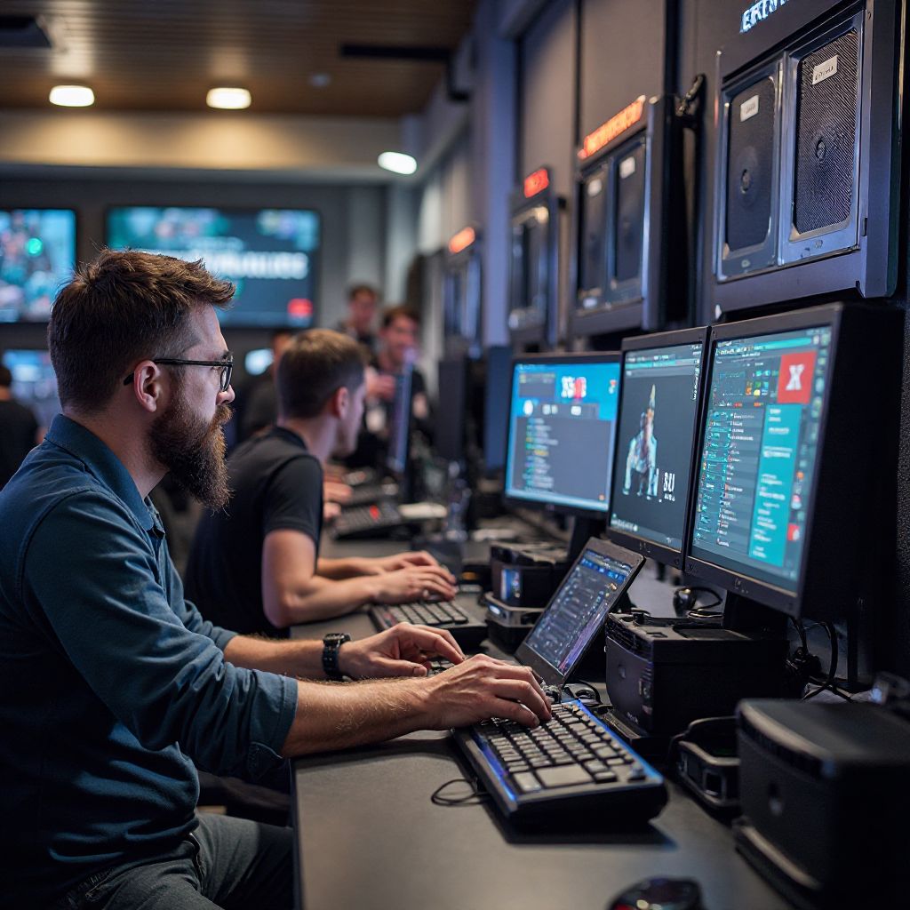 Technical staff preparing gaming stations